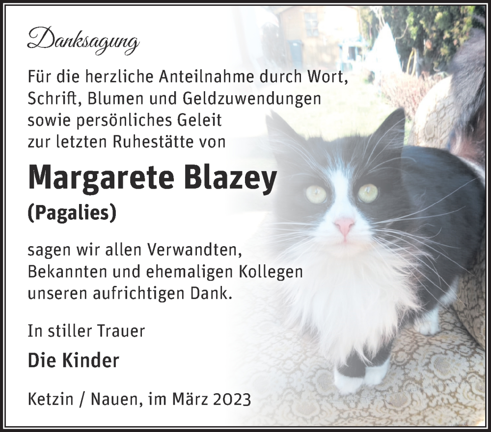  Traueranzeige für Margarete Blazey vom 19.03.2023 aus Märkische Oderzeitung