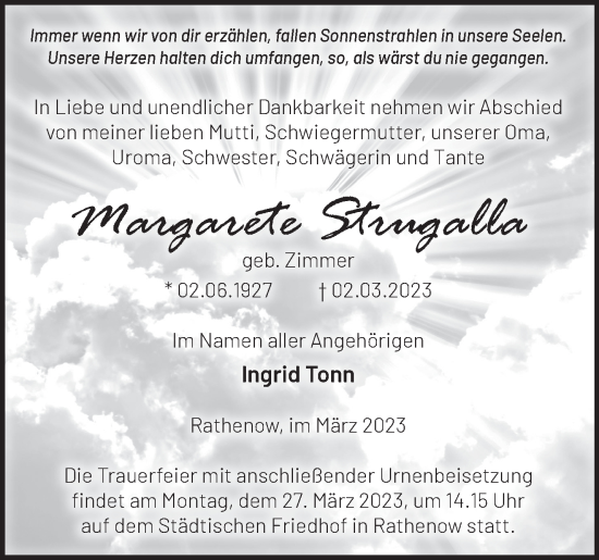 Traueranzeige von Margarete Strugalla von Märkische Oderzeitung