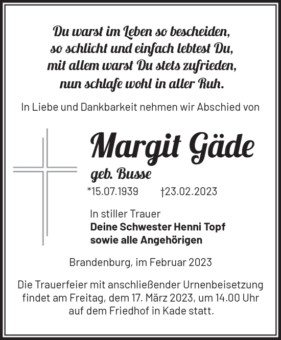 Traueranzeige von Margit Gäde von Märkische Oderzeitung
