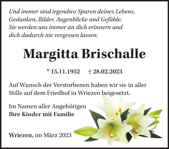 Traueranzeige von Margitta Brischalle von Märkische Oderzeitung
