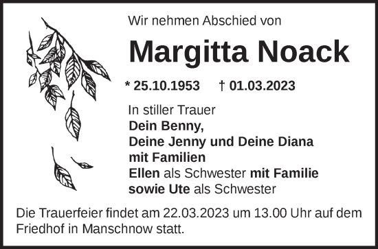 Traueranzeige von Margitta Noack von Märkische Oderzeitung