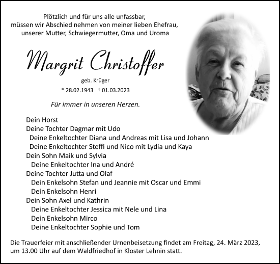 Traueranzeige von Margrit Christoffer von Märkische Oderzeitung