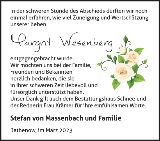 Traueranzeige von Margrit Wesenberg von Märkische Oderzeitung