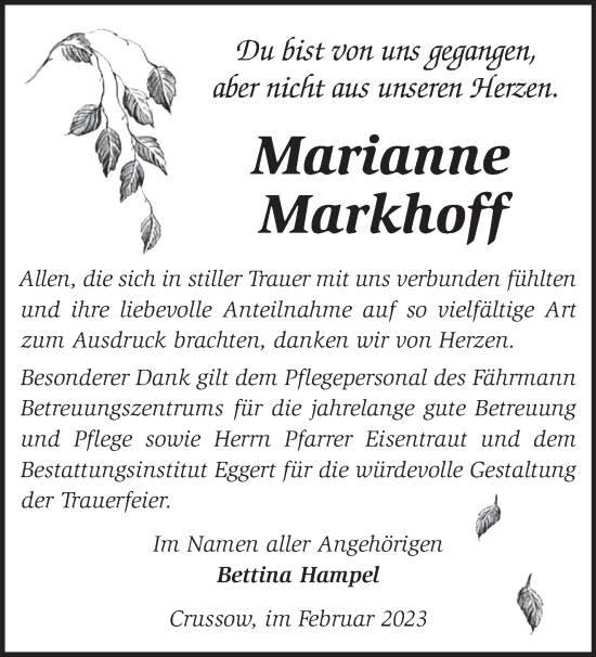 Traueranzeige von Marianne Markhoff von Märkische Oderzeitung