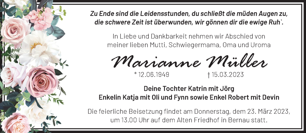  Traueranzeige für Marianne Müller vom 22.03.2023 aus Märkische Oderzeitung