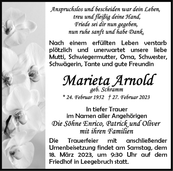 Traueranzeige von Marieta Arnold von Märkische Oderzeitung