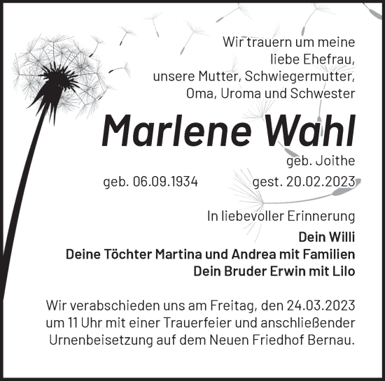 Traueranzeige von Marlene Wahl von Märkische Oderzeitung