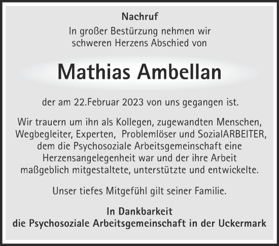 Traueranzeige von Mathias Ambellan von Märkische Oderzeitung