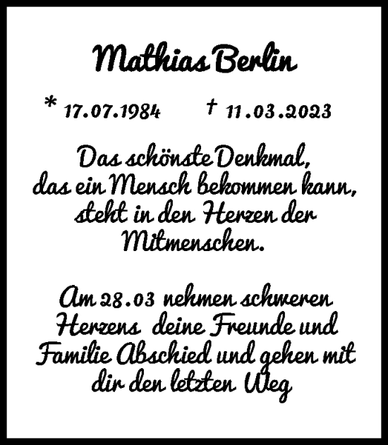 Traueranzeige von Mathias Berlin von Märkische Oderzeitung