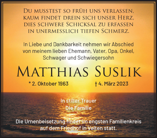 Traueranzeige von Matthias Suslik von Märkische Oderzeitung