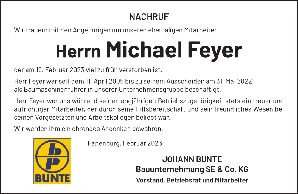  Traueranzeige für Michael Feyer vom 04.03.2023 aus Märkische Oderzeitung