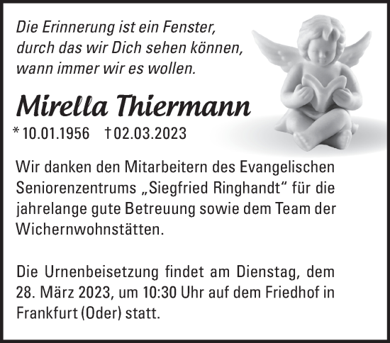 Traueranzeige von Mirella Thiermann von Märkische Oderzeitung