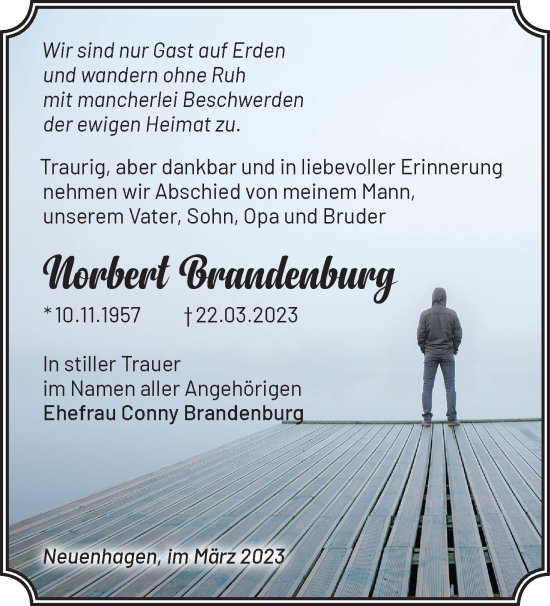 Traueranzeige von Norbert Brandenburg von Märkische Oderzeitung