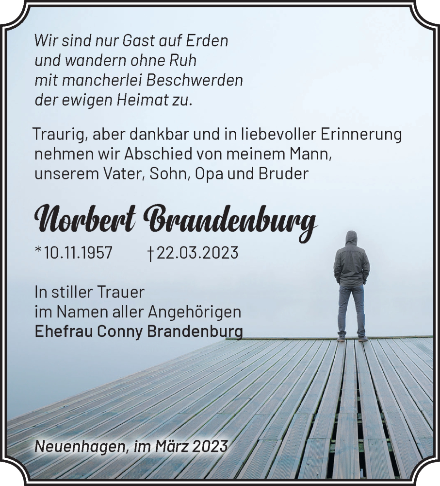  Traueranzeige für Norbert Brandenburg vom 25.03.2023 aus Märkische Oderzeitung
