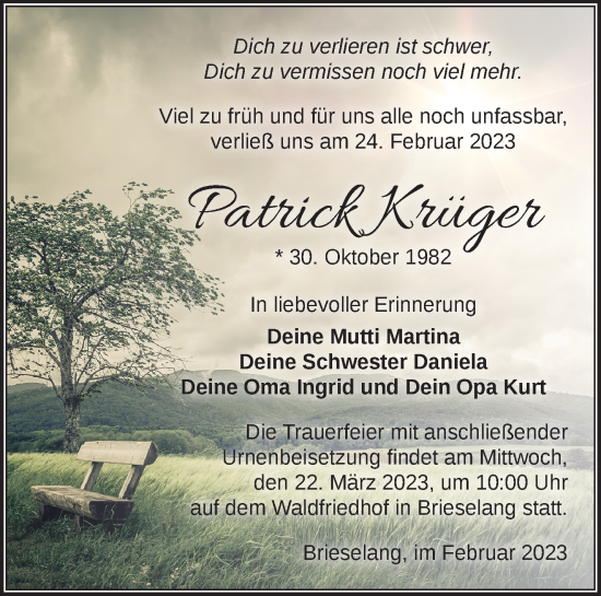 Traueranzeige von Patrick Krüger von Märkische Oderzeitung