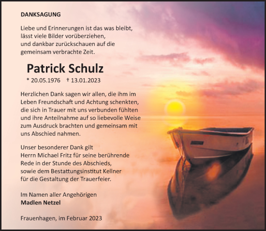 Traueranzeige von Patrick Schulz von Märkische Oderzeitung