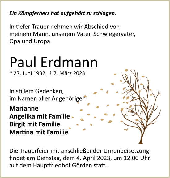 Traueranzeige von Paul Erdmann von Märkische Oderzeitung