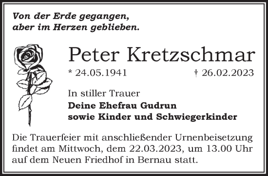 Traueranzeige von Peter Kretzschmar von Märkische Oderzeitung