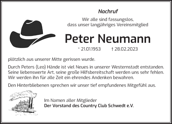 Traueranzeige von Peter Neumann von Märkische Oderzeitung