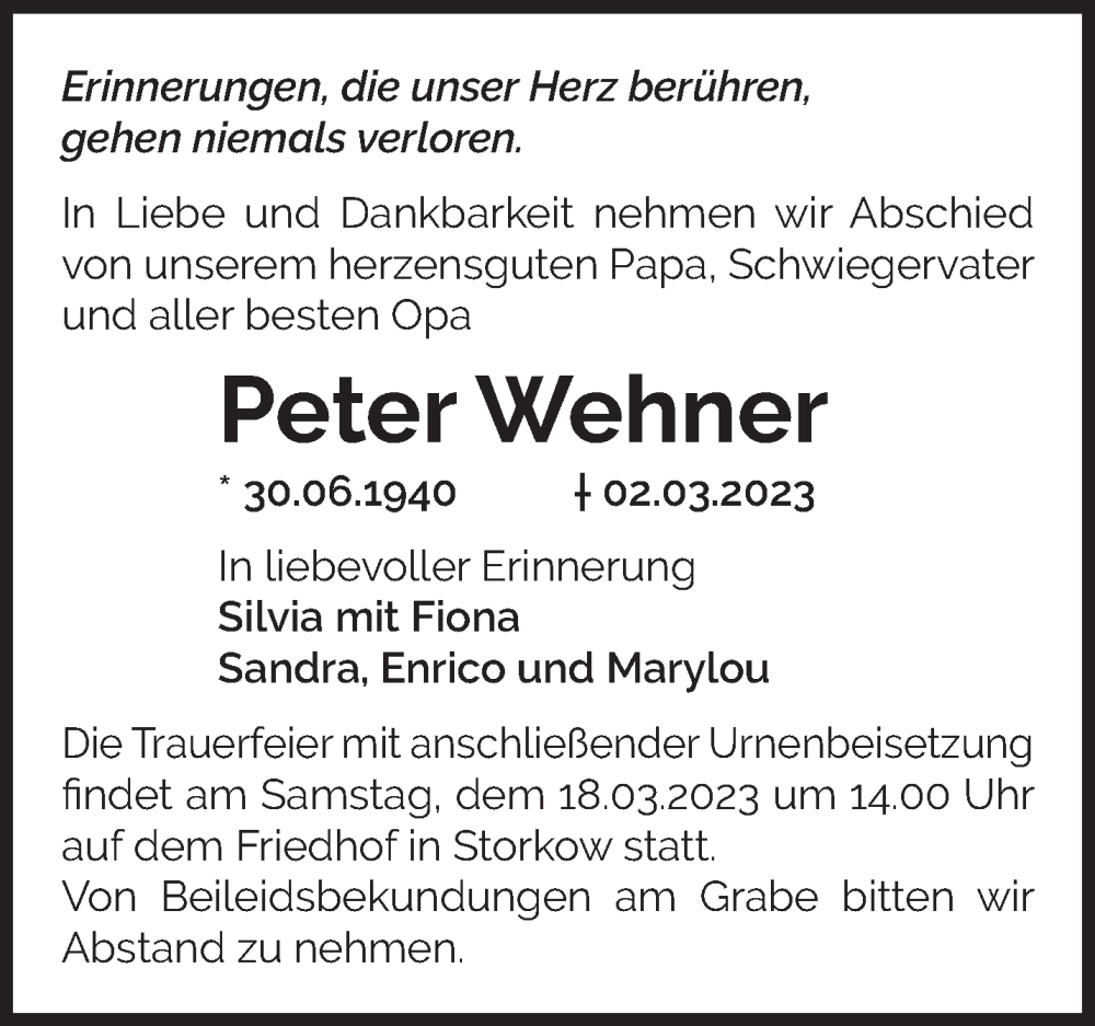  Traueranzeige für Peter Wehner vom 11.03.2023 aus Märkische Oderzeitung