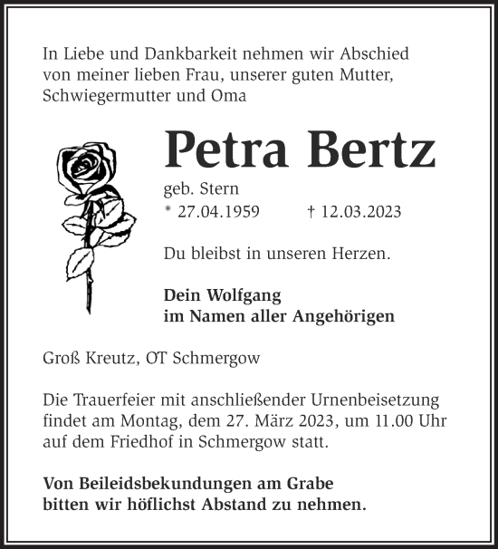 Traueranzeige von Petra Bertz von Märkische Oderzeitung