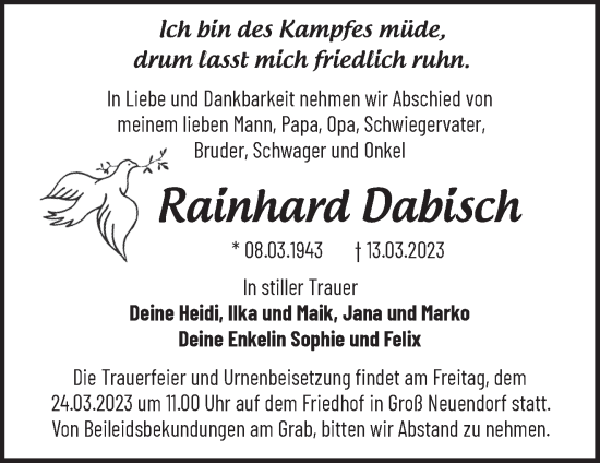 Traueranzeige von Rainhard Dabisch von Märkische Oderzeitung