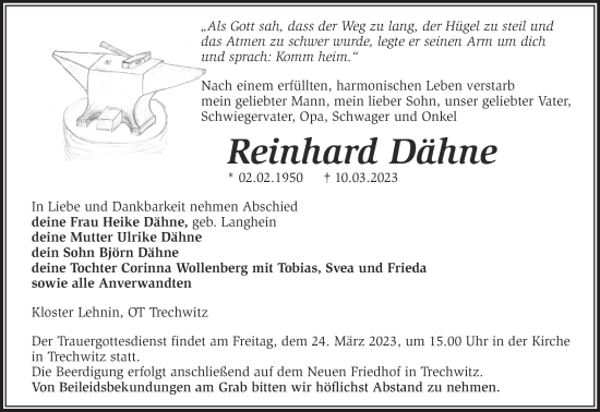 Traueranzeige von Reinhard Dähne von Märkische Oderzeitung