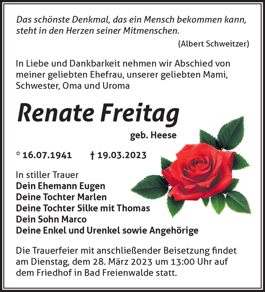  Traueranzeige für Renate Freitag vom 23.03.2023 aus Märkische Oderzeitung