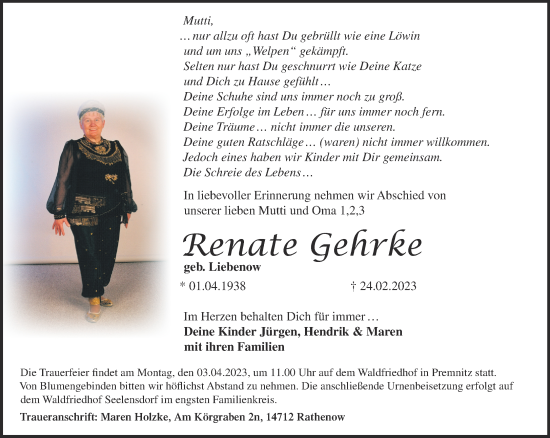 Traueranzeige von Renate Gehrke von Märkische Oderzeitung