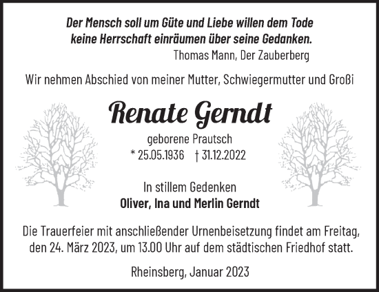 Traueranzeige von Renate Gerndt von Märkische Oderzeitung