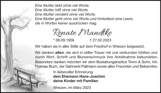 Traueranzeige von Renate Mandtke von Märkische Oderzeitung