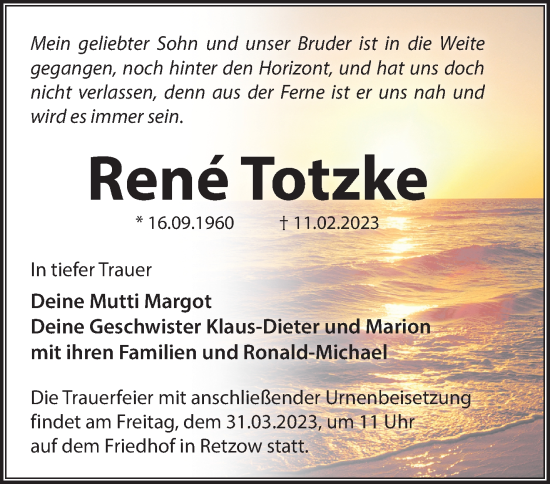 Traueranzeige von Rene Totzke von Märkische Oderzeitung