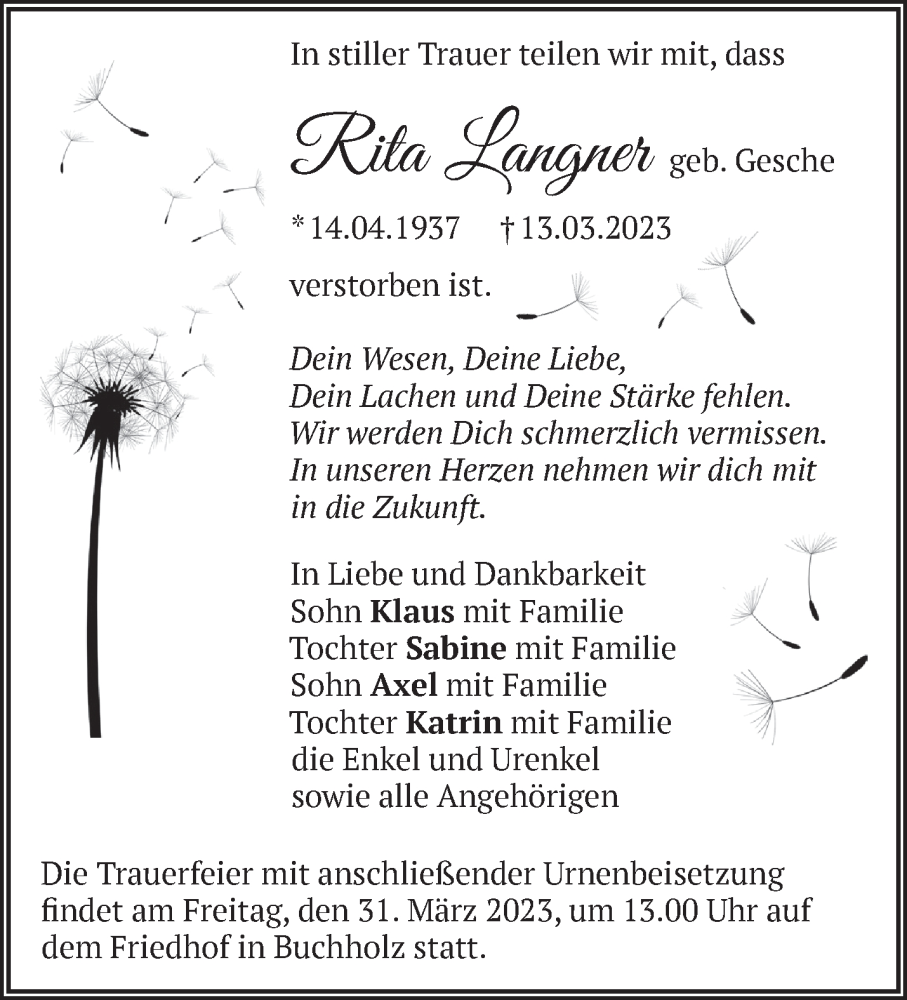  Traueranzeige für Rita Langner vom 18.03.2023 aus Märkische Oderzeitung
