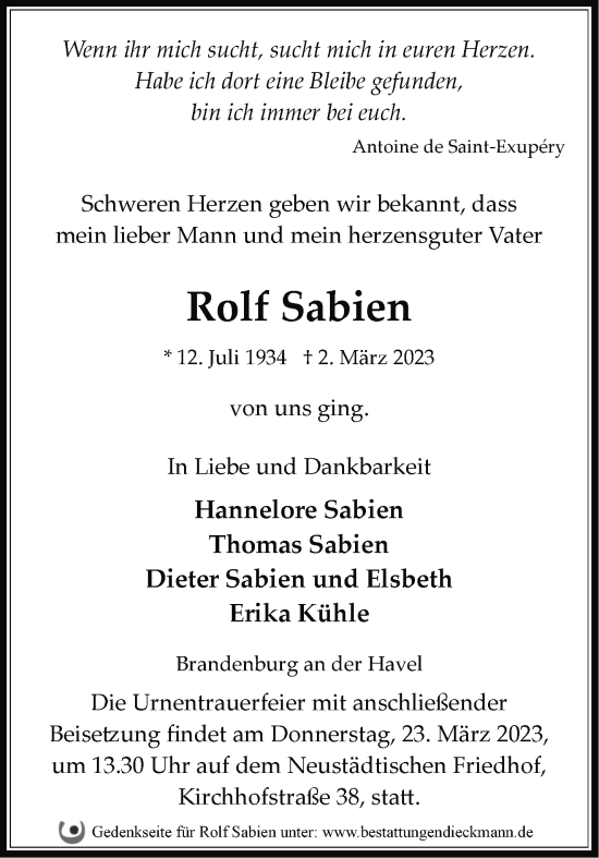 Traueranzeige von Rolf Sabien von Märkische Oderzeitung