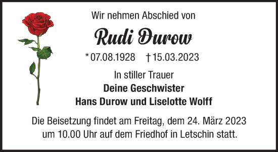 Anzeige Rudi Durow
