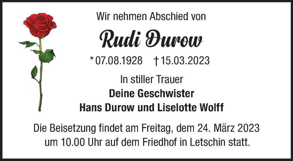  Traueranzeige für Rudi Durow vom 18.03.2023 aus Märkische Oderzeitung