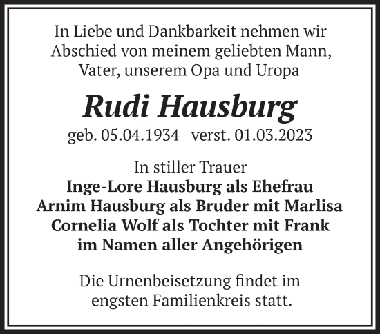 Traueranzeige von Rudi Hausburg von Märkische Oderzeitung
