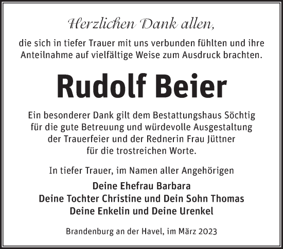 Traueranzeige von Rudolf Beier von Märkische Oderzeitung