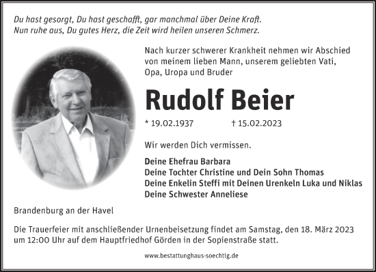 Traueranzeige von Rudolf Beier von Märkische Oderzeitung