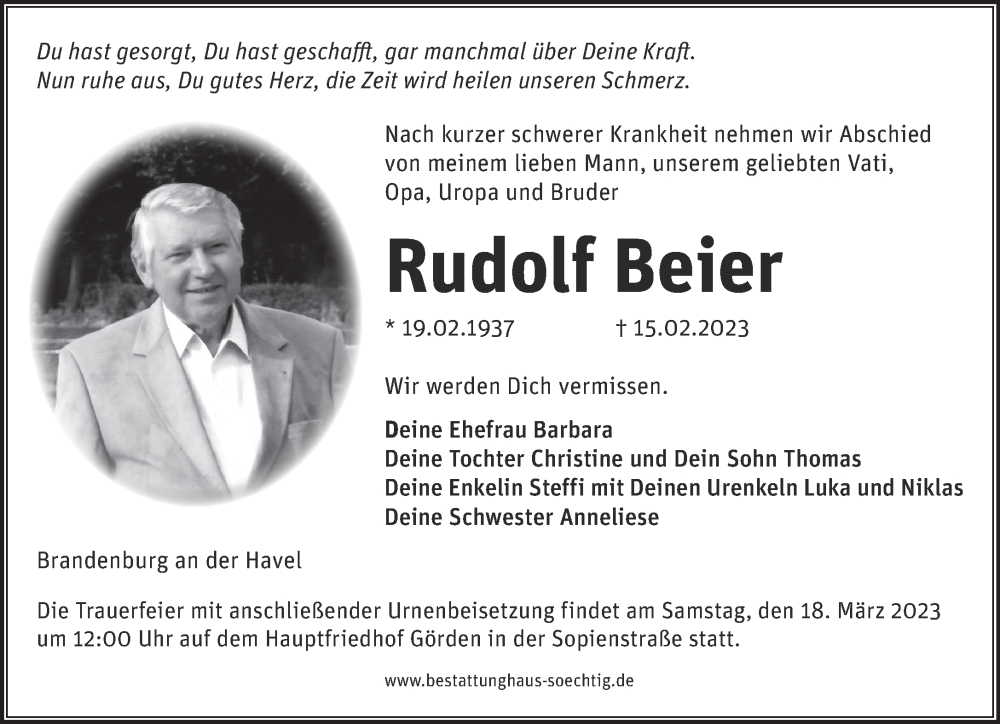 Traueranzeigen von Rudolf Beier Märkische Onlinezeitung Trauerportal