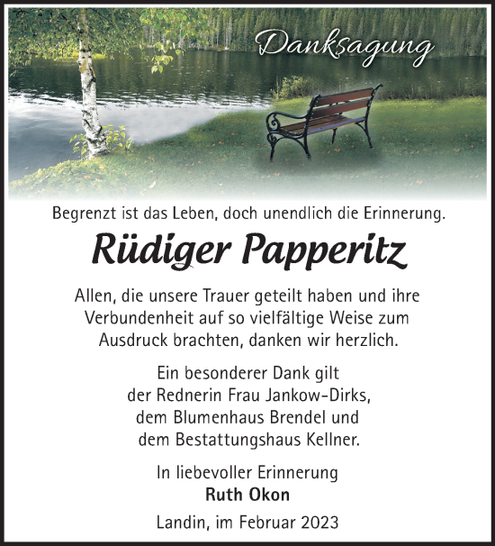 Traueranzeige von Rüdiger Papperitz von Märkische Oderzeitung