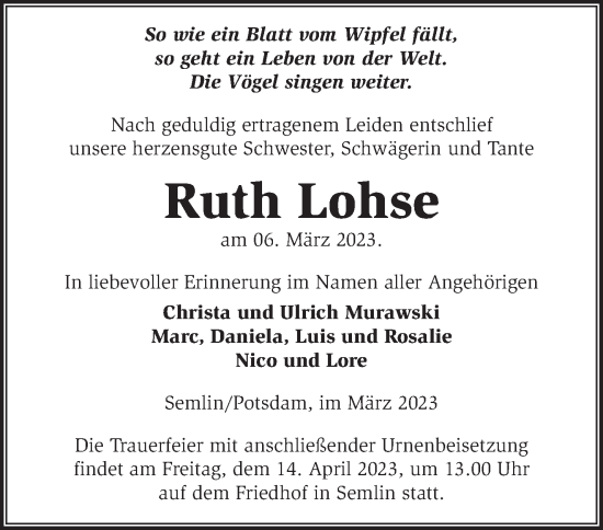 Traueranzeige von Ruth Lohse von Märkische Oderzeitung