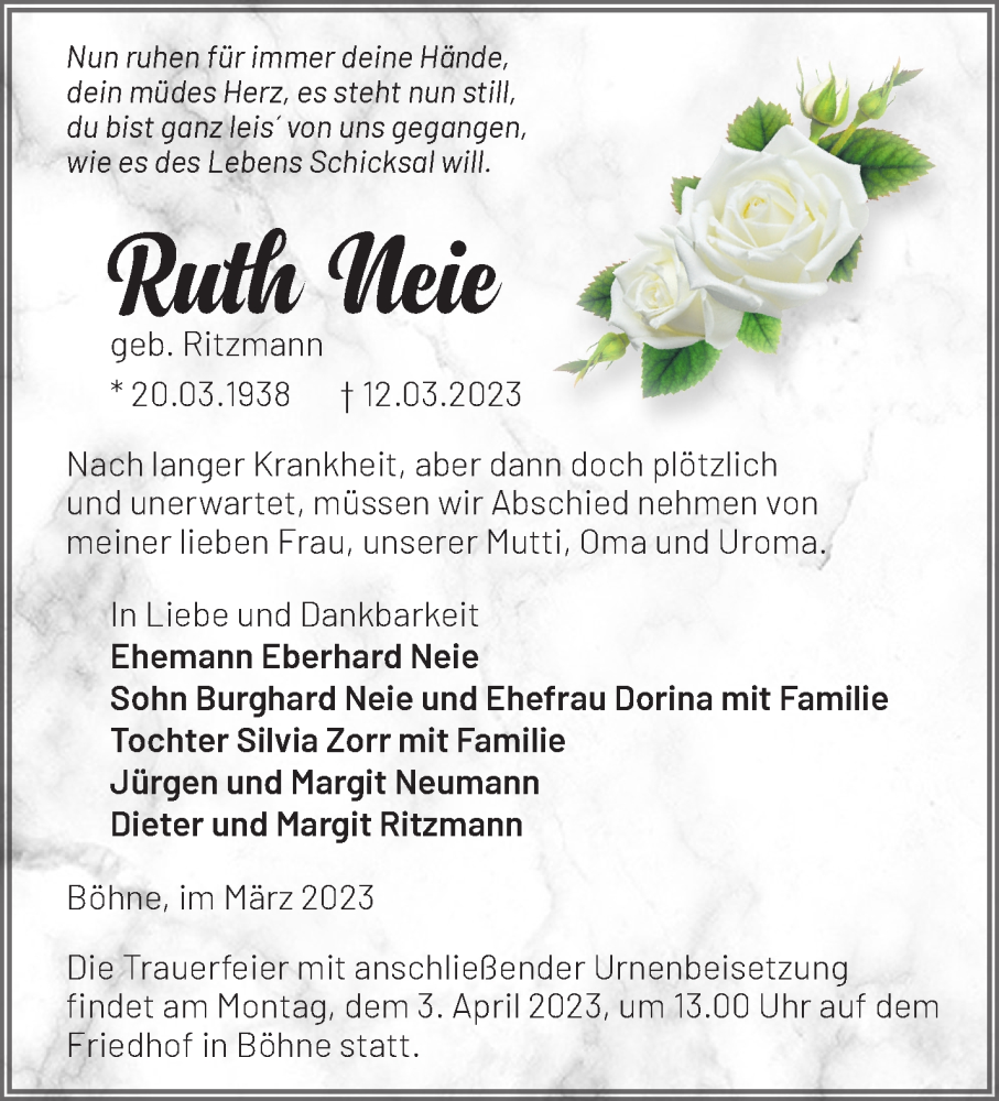  Traueranzeige für Ruth Neie vom 19.03.2023 aus Märkische Oderzeitung