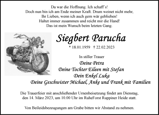 Traueranzeige von Siegbert Parucha von Märkische Oderzeitung