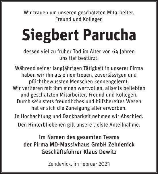 Traueranzeige von Siegbert Parucha von Märkische Oderzeitung