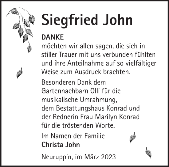 Traueranzeige von Siegfried John von Märkische Oderzeitung