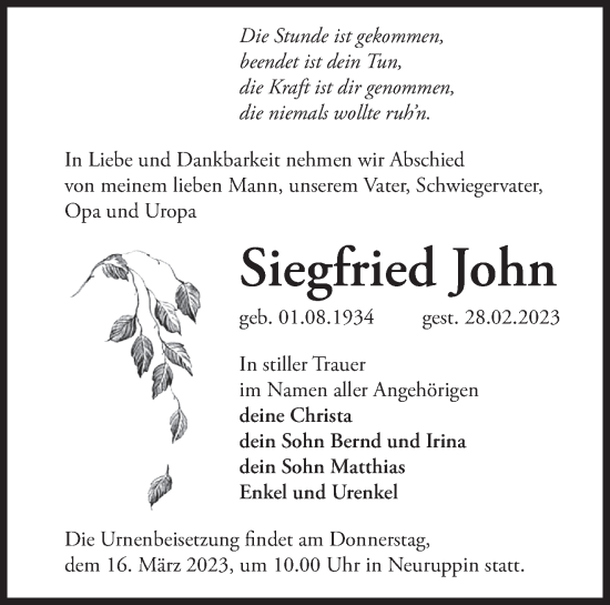 Traueranzeige von Siegfried John von Märkische Oderzeitung