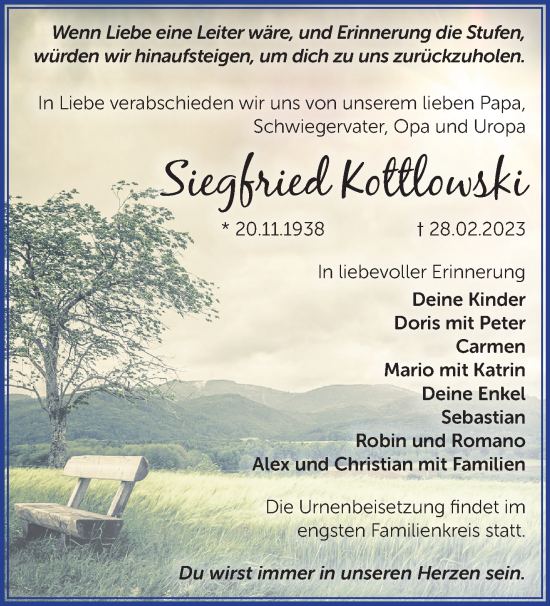 Traueranzeige von Siegfried Kottlowski von Märkische Oderzeitung