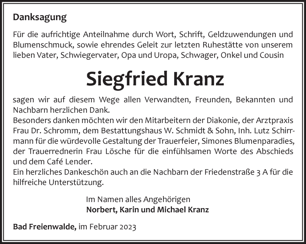  Traueranzeige für Siegfried Kranz vom 04.03.2023 aus Märkische Oderzeitung