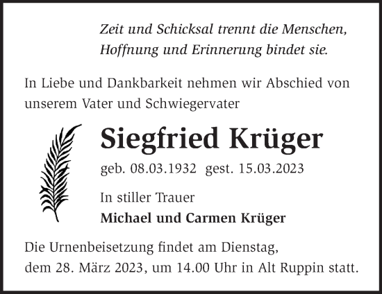 Traueranzeige von Siegfried Krüger von Märkische Oderzeitung